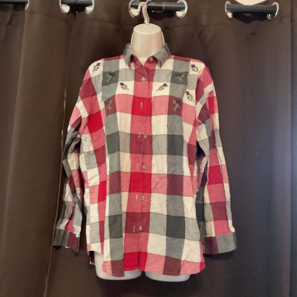 Maggie & Max Red Patchwork Plaid Flannel Shirt with Floral Embroidery - Size L